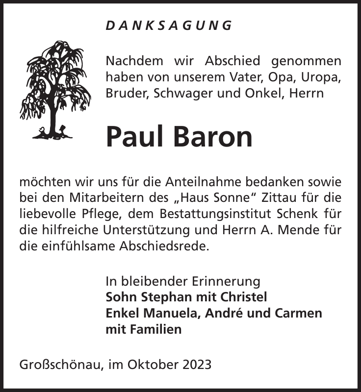 Paul Baron Traueranzeige Sächsische Zeitung
