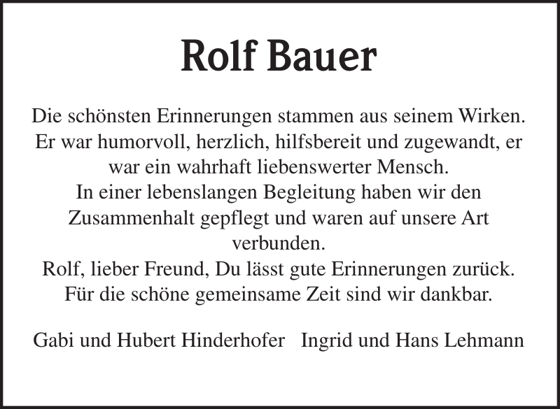 Rolf Erich Bauer Traueranzeige Badische Zeitung