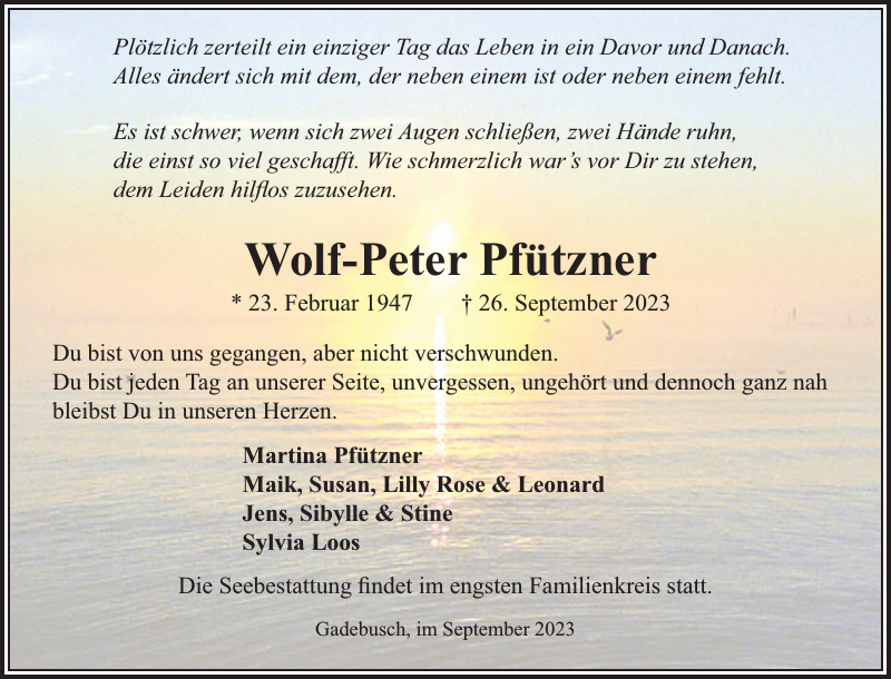 Wolf-Peter Pfützner : Traueranzeige : Gadebusch-Rehnaer Zeitung