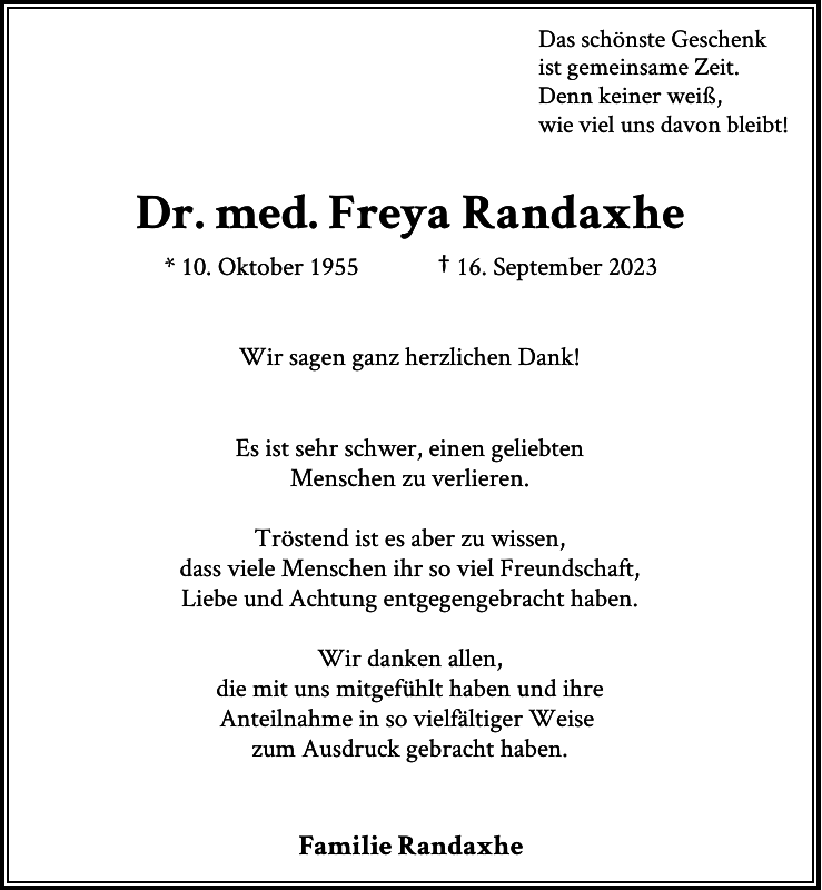 Dr. med. Freya Randaxhe Danksagung Westdeutsche Zeitung