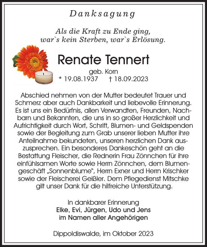 Renate Tennert Traueranzeige Sächsische Zeitung