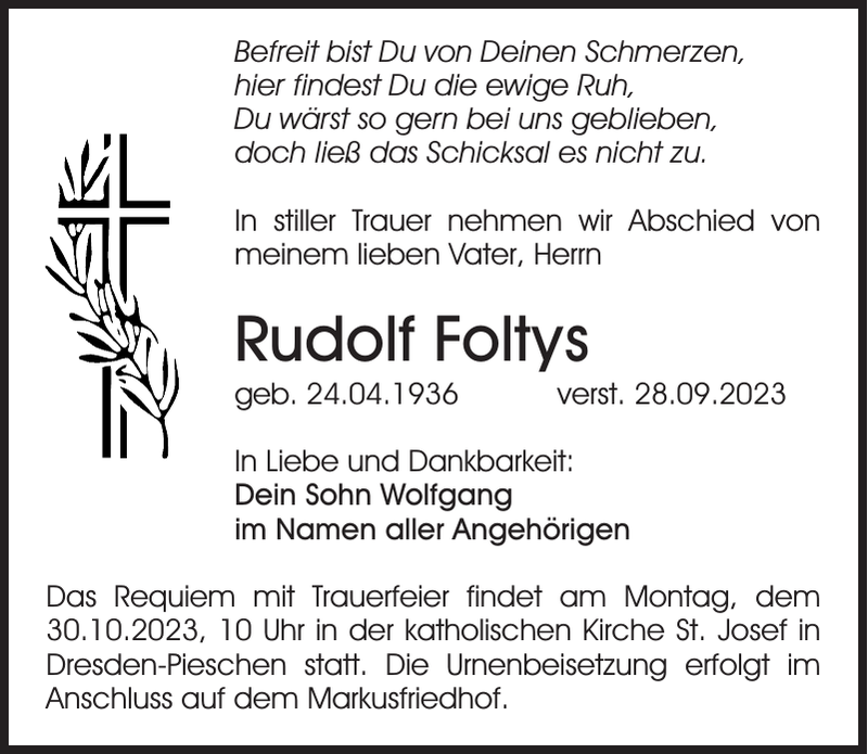 Rudolf Foltys Traueranzeige Sächsische Zeitung