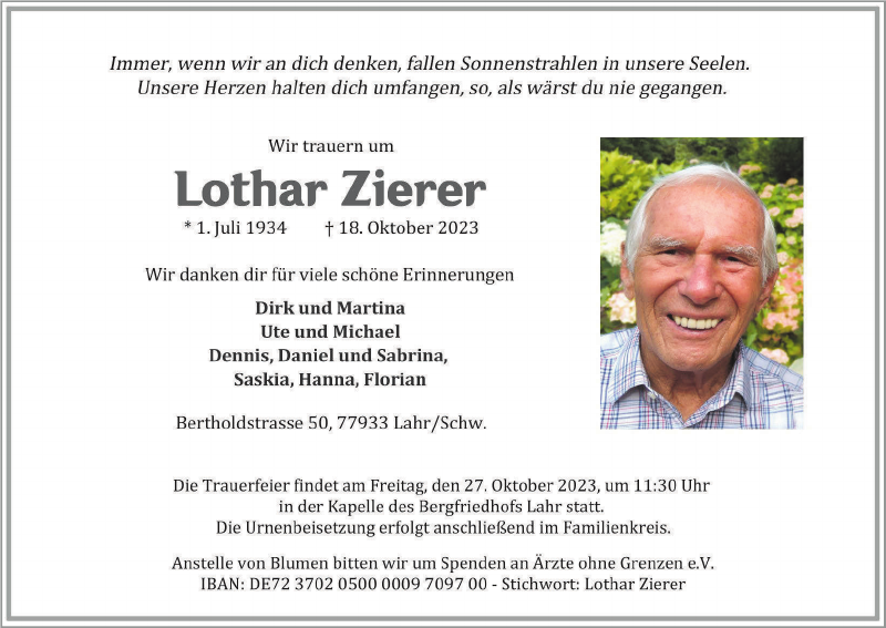 Lothar Zierer Traueranzeige Badische Zeitung