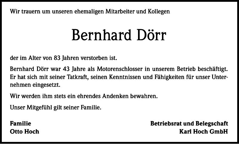 Bernhard Dörr Traueranzeige Badische Zeitung
