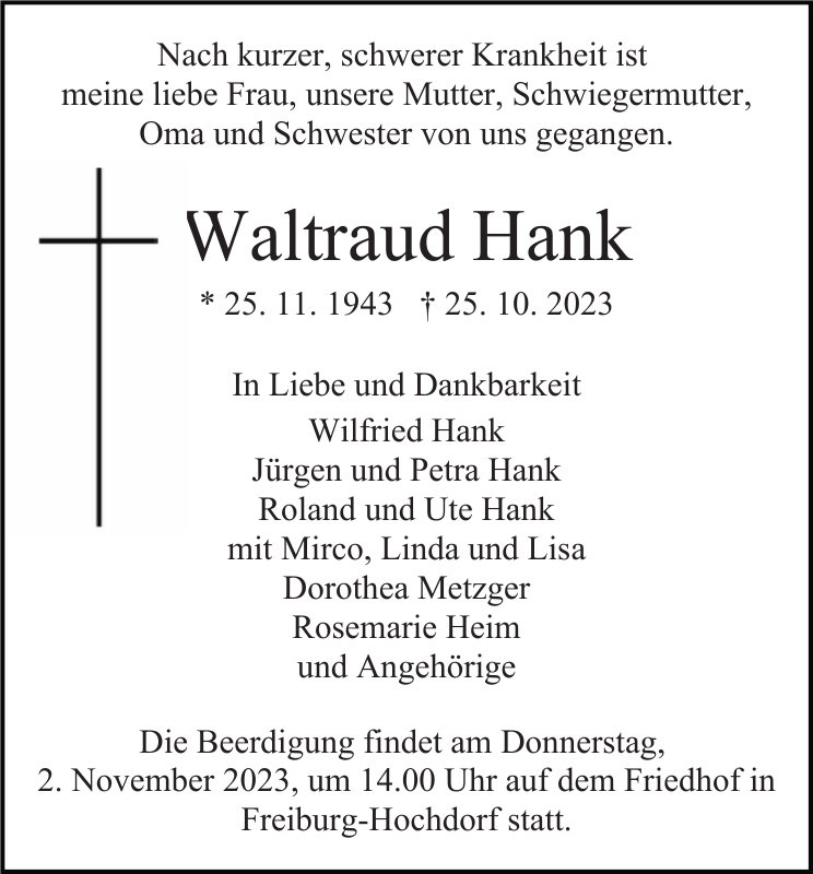 Waltraud Hank Traueranzeige Badische Zeitung