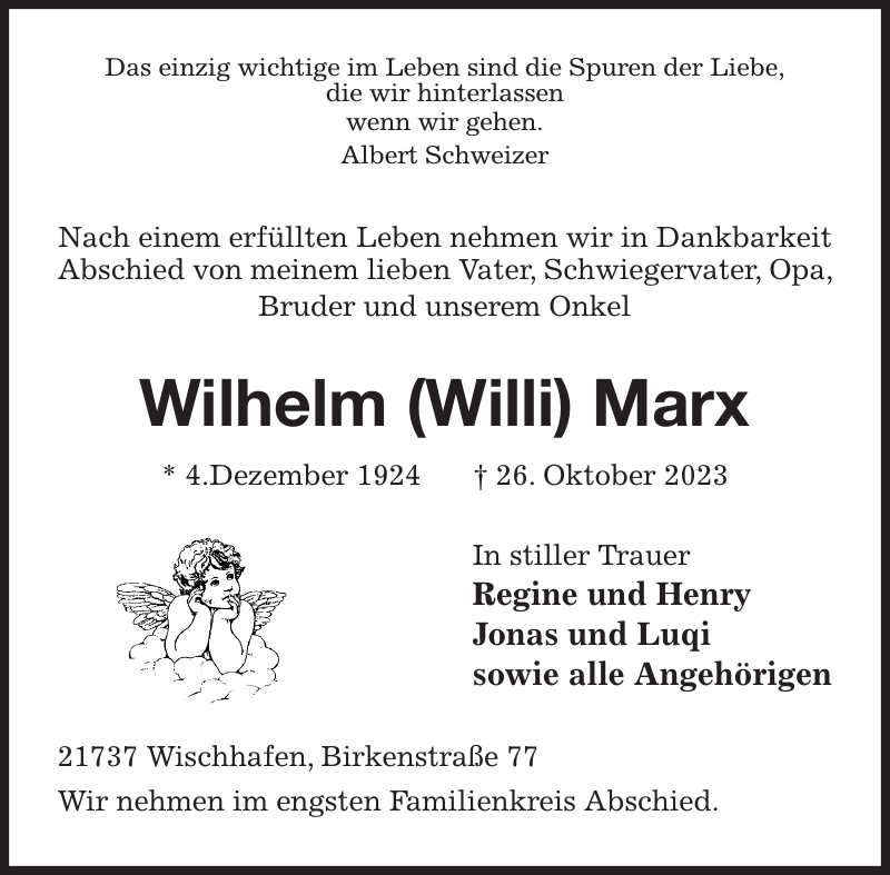 Wilhelm Willi Marx Traueranzeige Stader Tageblatt