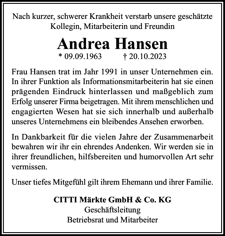 Andrea Hansen Gedenken Flensburger Tageblatt