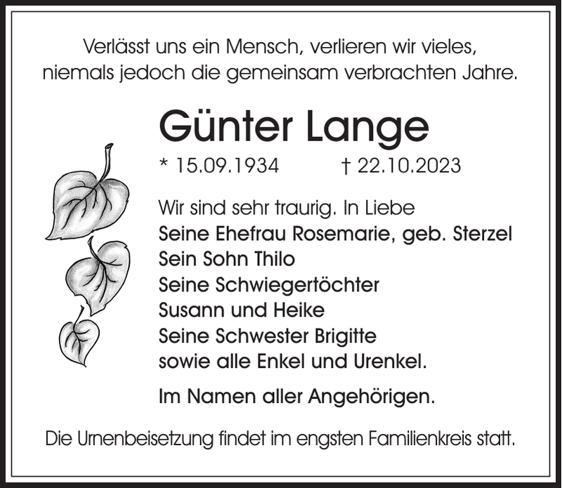 Günter Lange Traueranzeige Sächsische Zeitung