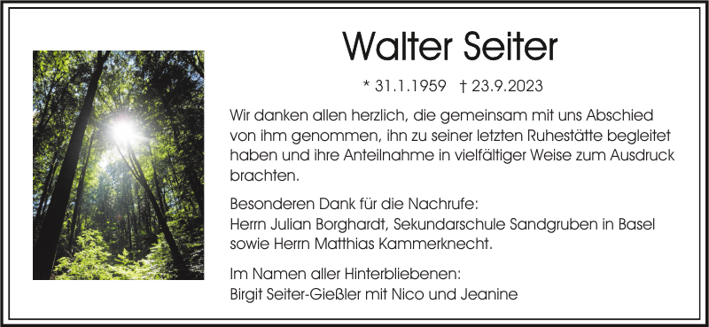 Walter Seiter Traueranzeige Badische Zeitung
