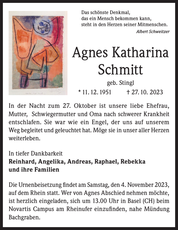 Agnes Schmitt Traueranzeige Badische Zeitung