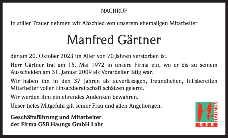 Manfred Gärtner Nachruf Badische Zeitung