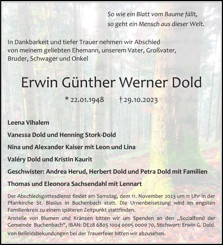 Erwin Günther Werner Dold Traueranzeige Badische Zeitung