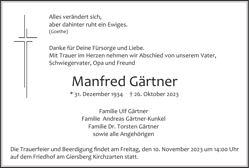 Manfred Gärtner Traueranzeige Badische Zeitung