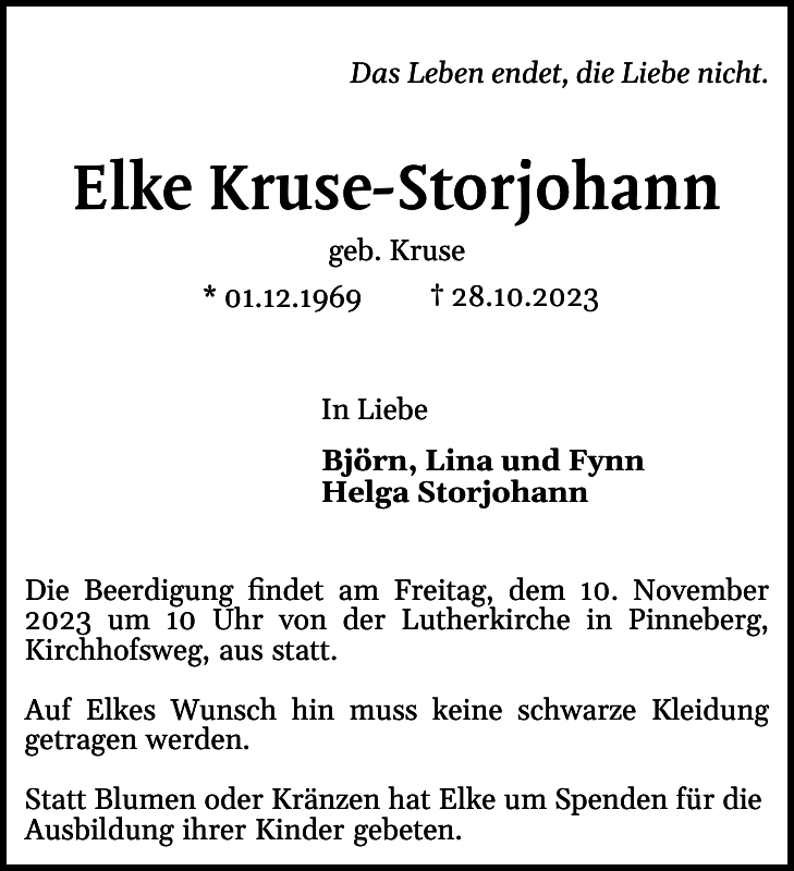 Elke KruseStorjohann Traueranzeige Pinneberger Tageblatt