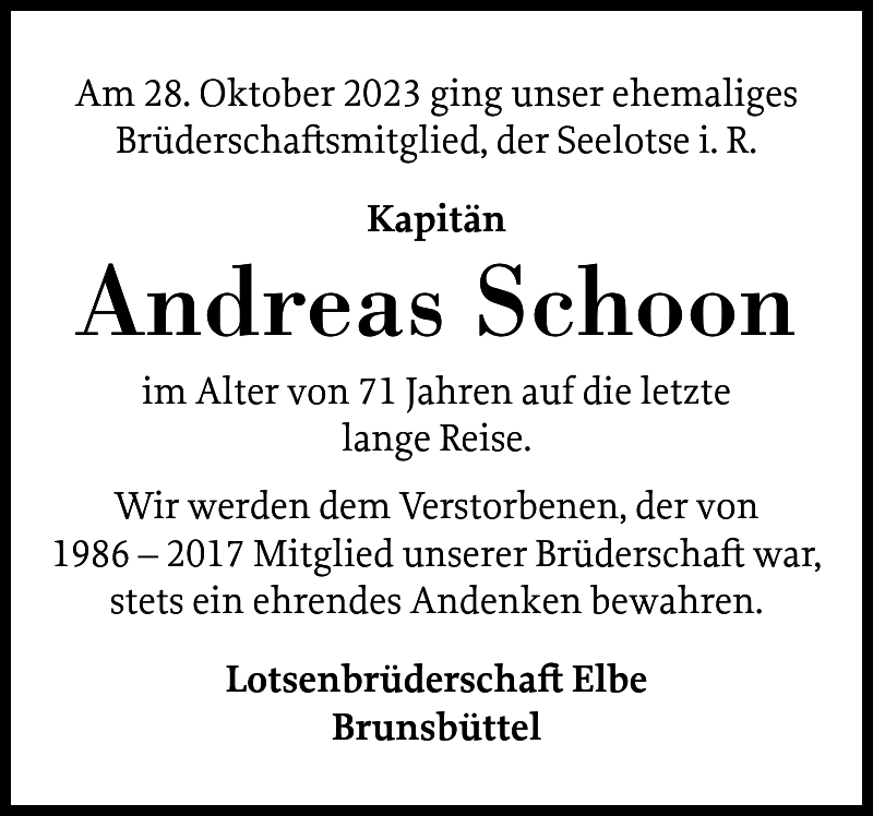 Andreas Schoon Gedenken Norddeutsche Rundschau