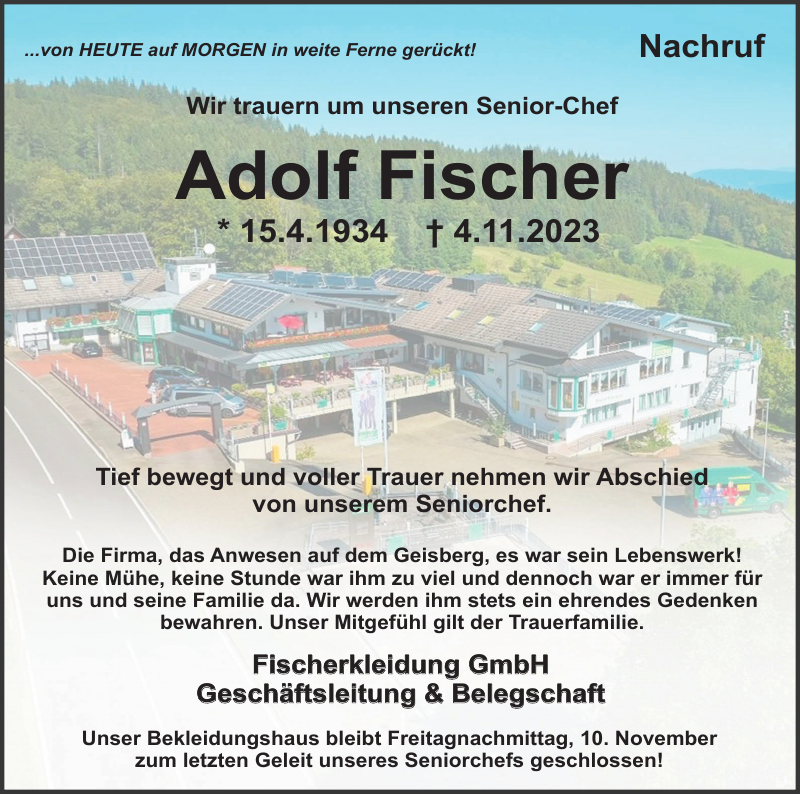 Adolf Fischer Nachruf Badische Zeitung
