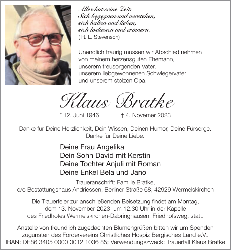 Klaus Bratke Traueranzeige Remscheider GeneralAnzeiger