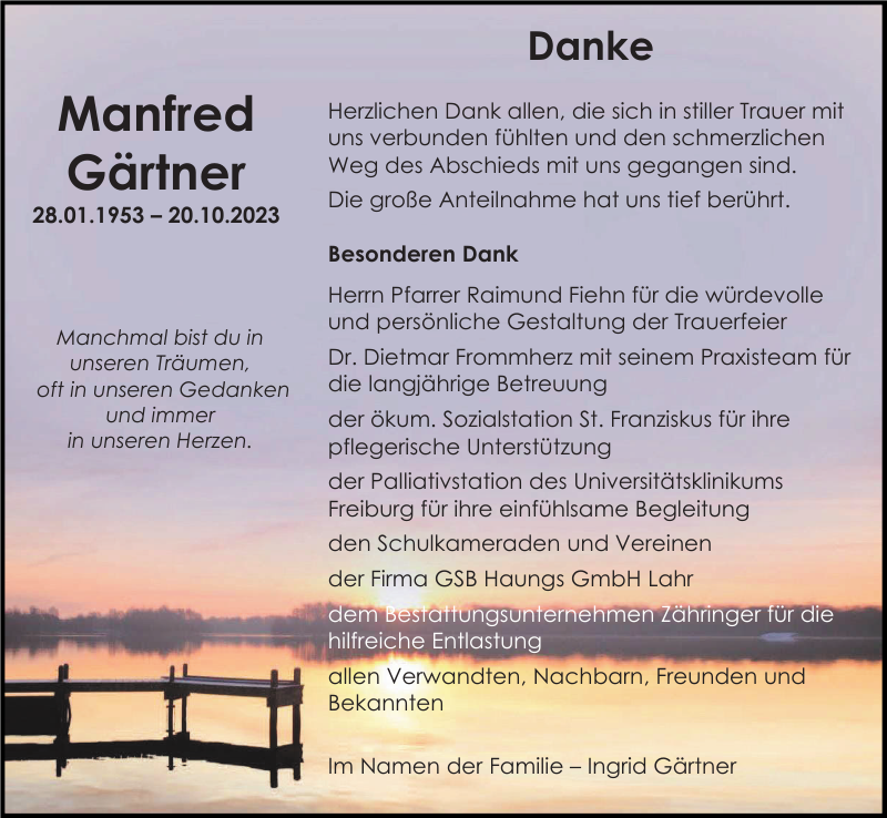 Manfred Gärtner Traueranzeige Badische Zeitung