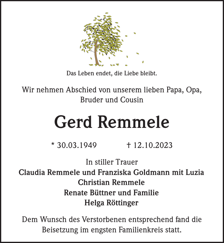 Gerd Remmele Traueranzeige Badische Zeitung