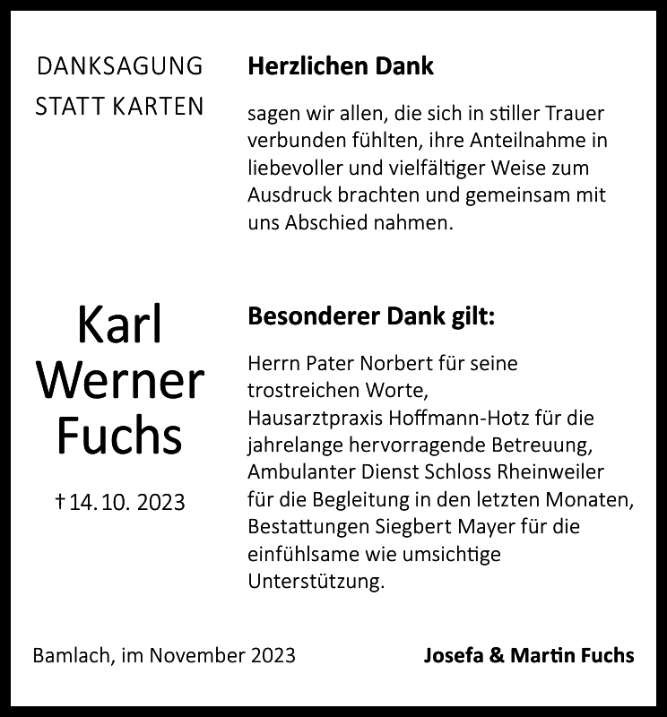 Karl Werner Fuchs Traueranzeige Badische Zeitung
