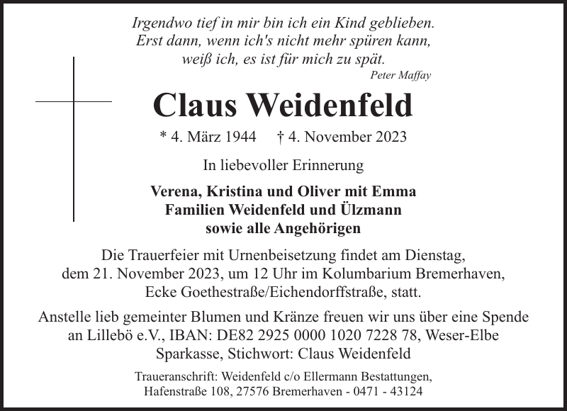 Irgendwo Tief In Mir Bin Ich Ein Kind Geblieben Claus Weidenfeld: Gedenken : Nordsee-Zeitung