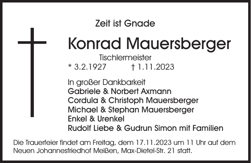 Konrad Mauersberger Traueranzeige Sächsische Zeitung