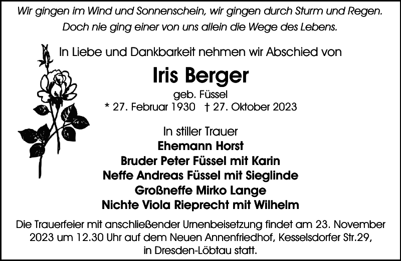 Iris Berger: Traueranzeige : Sächsische Zeitung
