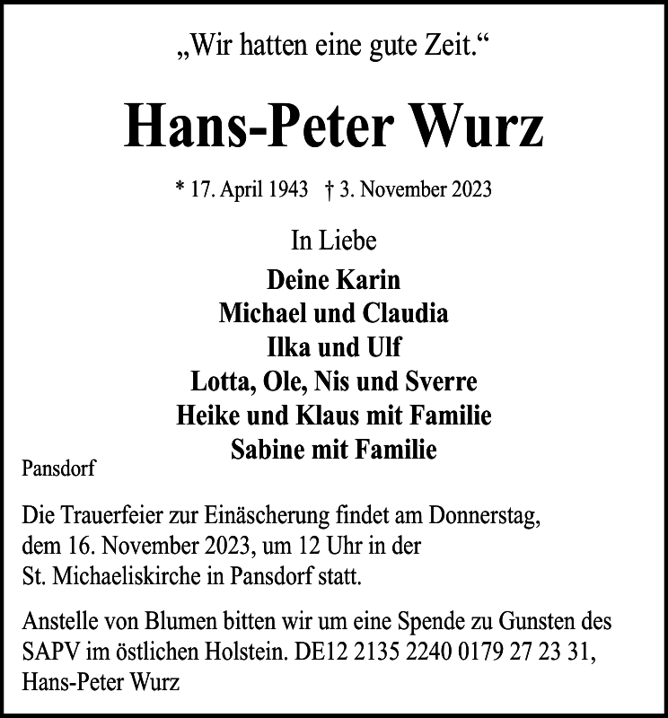 Hans-Peter Wurz: Traueranzeige : Holsteinischer Courier