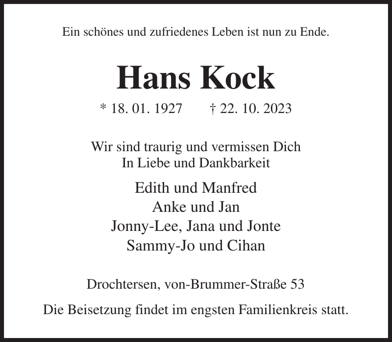 Hans Kock Traueranzeige Stader Tageblatt