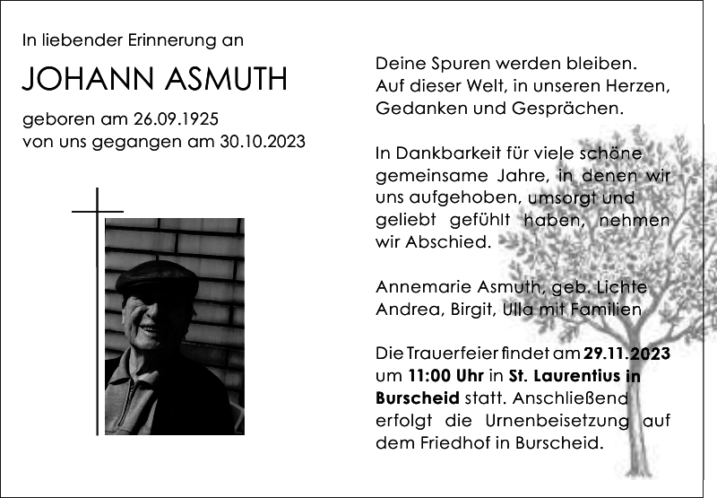 Johann Asmuth Traueranzeige Remscheider GeneralAnzeiger