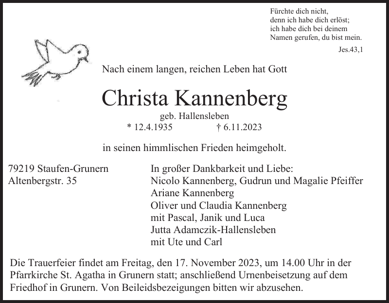 Christa Kannenberg Traueranzeige Badische Zeitung 