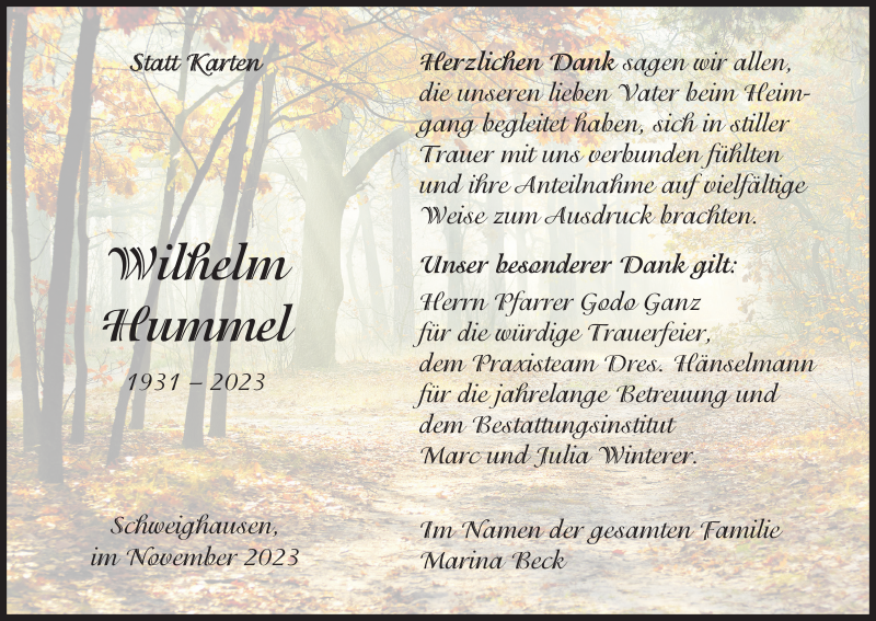 Wilhelm Hummel Danksagung Badische Zeitung