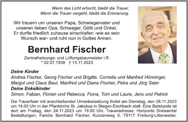 Bernhard Fischer Traueranzeige Badische Zeitung