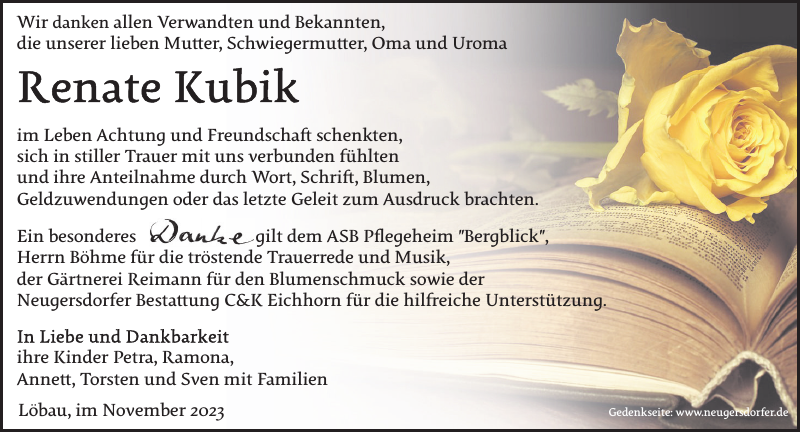 Renate Kubik Danksagung Sächsische Zeitung