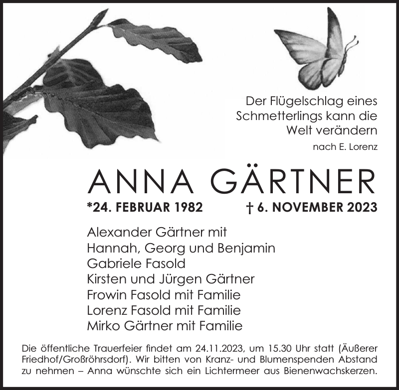 ANNA GÄRTNER Traueranzeige Sächsische Zeitung