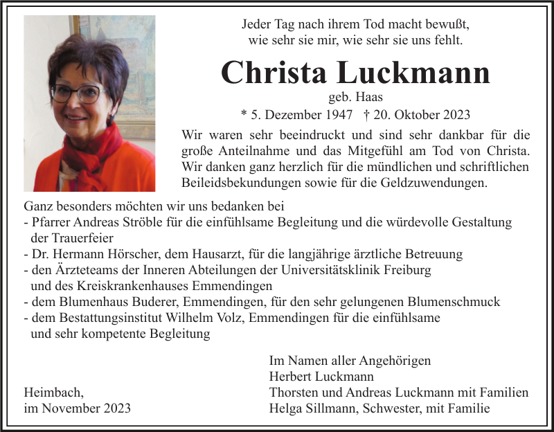 Christa Luckmann Danksagung Badische Zeitung