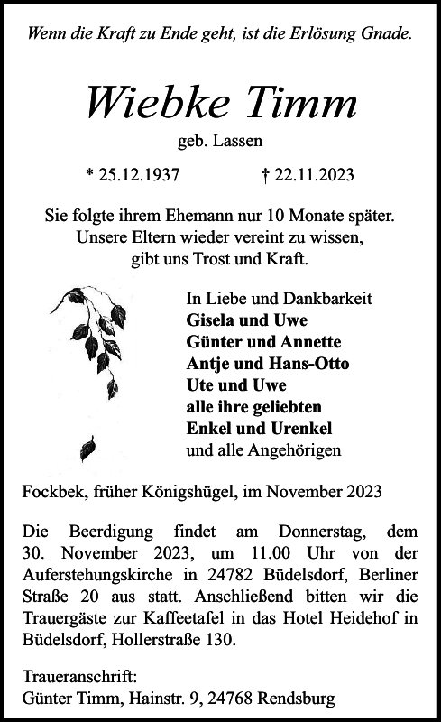 Wiebke Timm Traueranzeige Landeszeitung