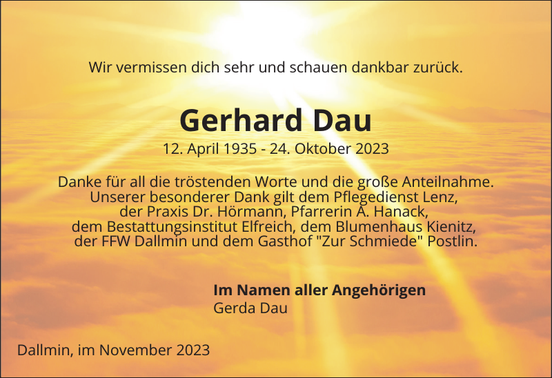 Gerhard Dau Danksagung Der Prignitzer