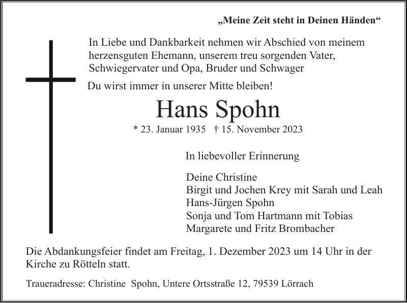 Hans Spohn Nachruf Badische Zeitung