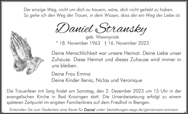 Daniel Stransky Traueranzeige Badische Zeitung
