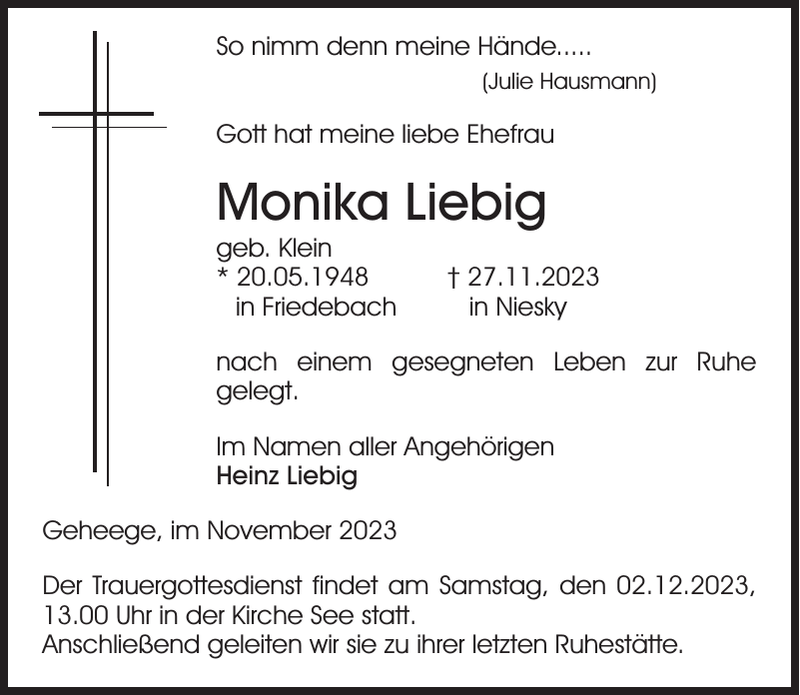 Monika Liebig Traueranzeige Sächsische Zeitung