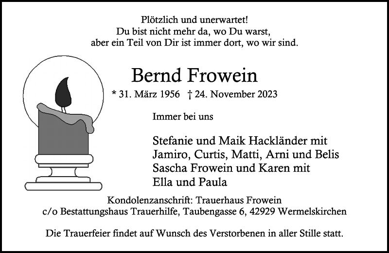Bernd Frowein Traueranzeige Remscheider GeneralAnzeiger