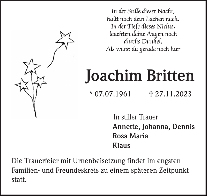 Joachim Britten Traueranzeige Badische Zeitung