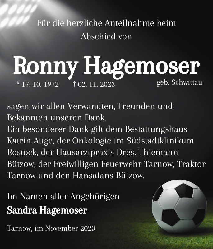 Ronny Hagemoser Danksagung Güstrower Zeitung