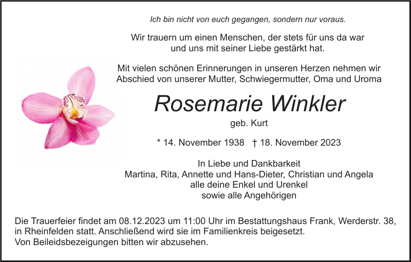 Rosemarie Winkler Traueranzeige Badische Zeitung