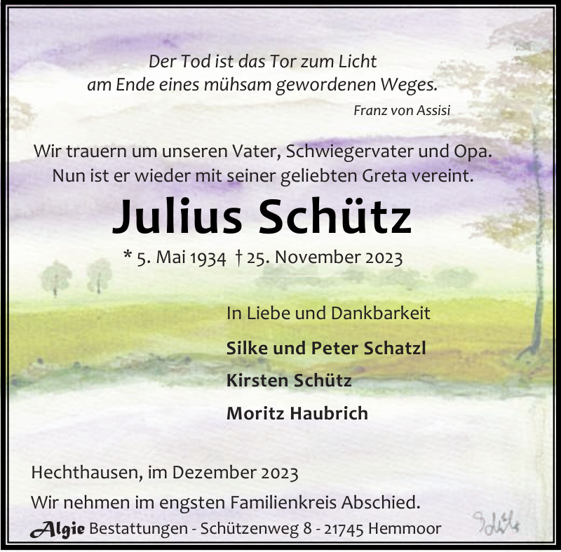 Julius Schütz Traueranzeige NiederelbeZeitung