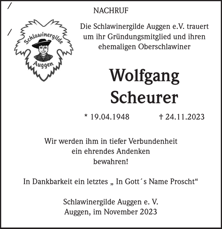 Wolfgang Scheurer Traueranzeige Badische Zeitung
