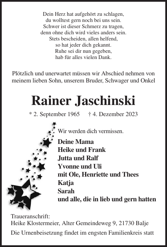 Rainer Jaschinski: Traueranzeige : Stader Tageblatt