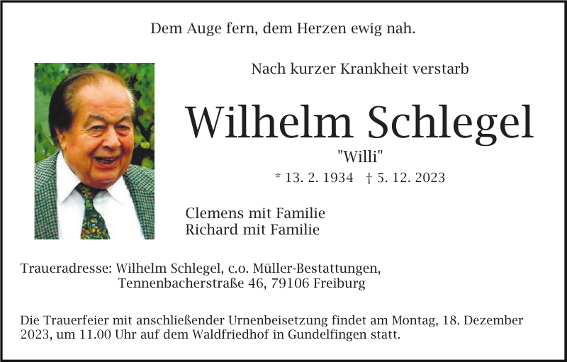 Wilhelm Schlegel Traueranzeige Badische Zeitung