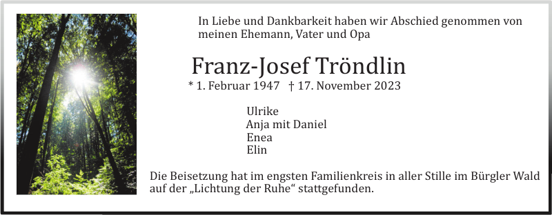 FranzJosef Tröndlin Traueranzeige Badische Zeitung